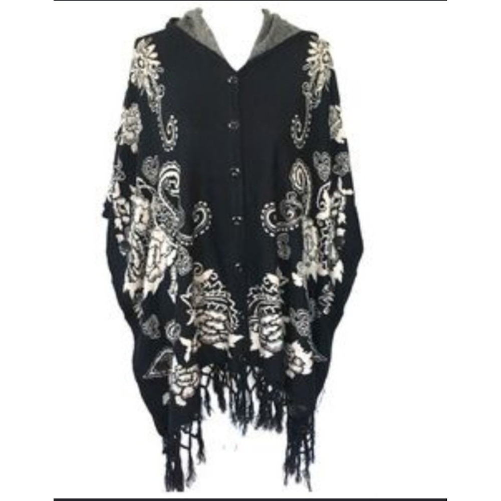 Women OS Poncho Black White Paisley Floral Hooded Fringe Button Cape poncho